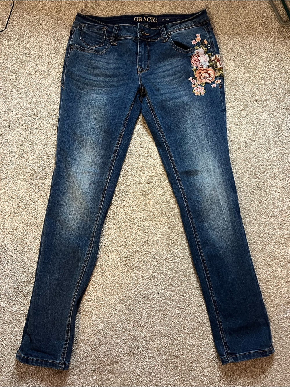 Grace in LA Dark Blue Skinny Jeans with Pink Floral Embroidery